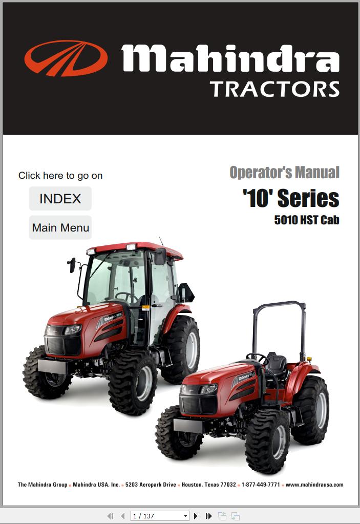 Mahindra Tractor 10 Series 5010 HST Cab Full Operator Manual Fast Download