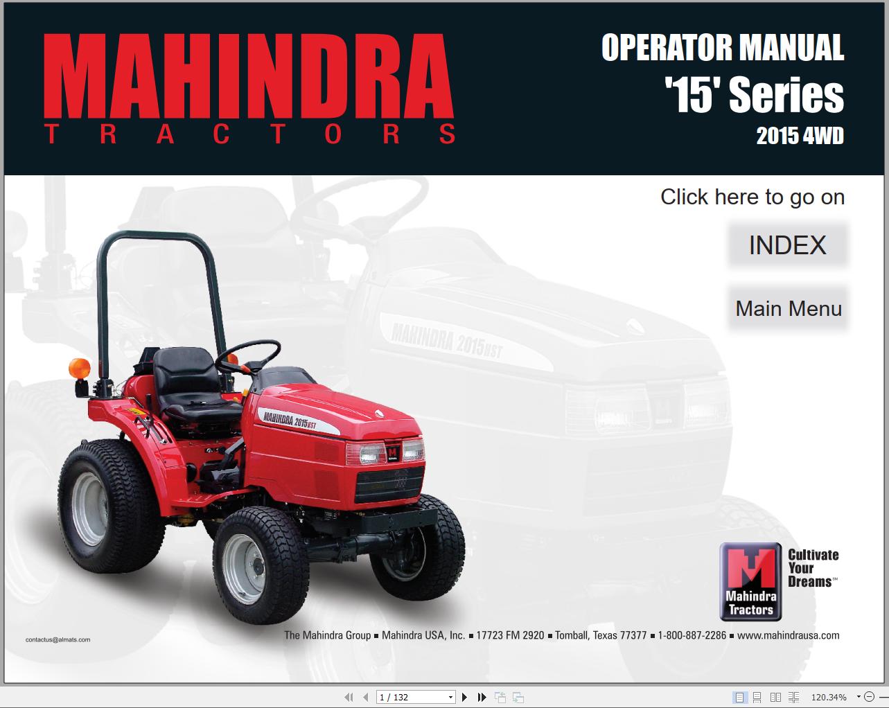 Mahindra Tractor 15 Series 2015 4WD Full Operator Manual Fast Download