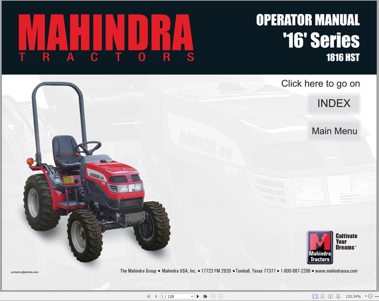 Mahindra Tractor 16 Series 1816 HST Full Operator Manual Fast Download