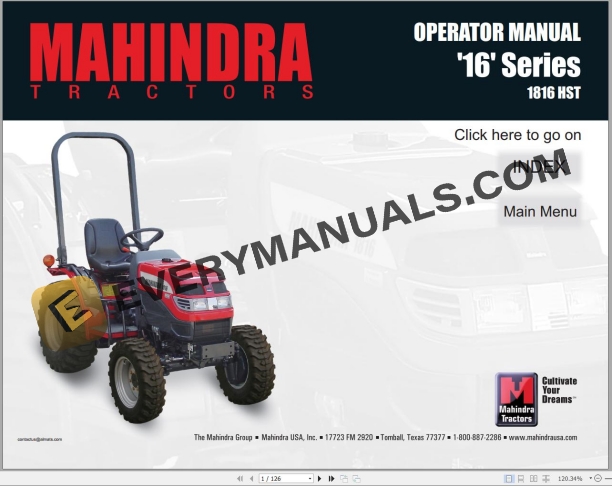 Mahindra Tractor 16 Series 1816 HST Full Operator Manual Fast Download