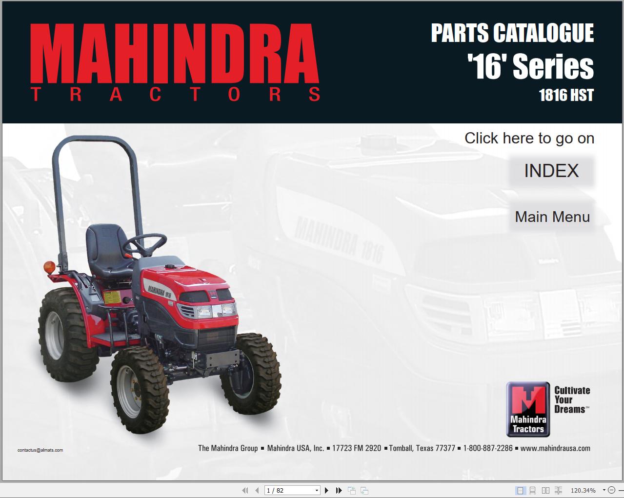 Mahindra Tractor 16 Series 1816 HST Full Parts Manual Fast Download