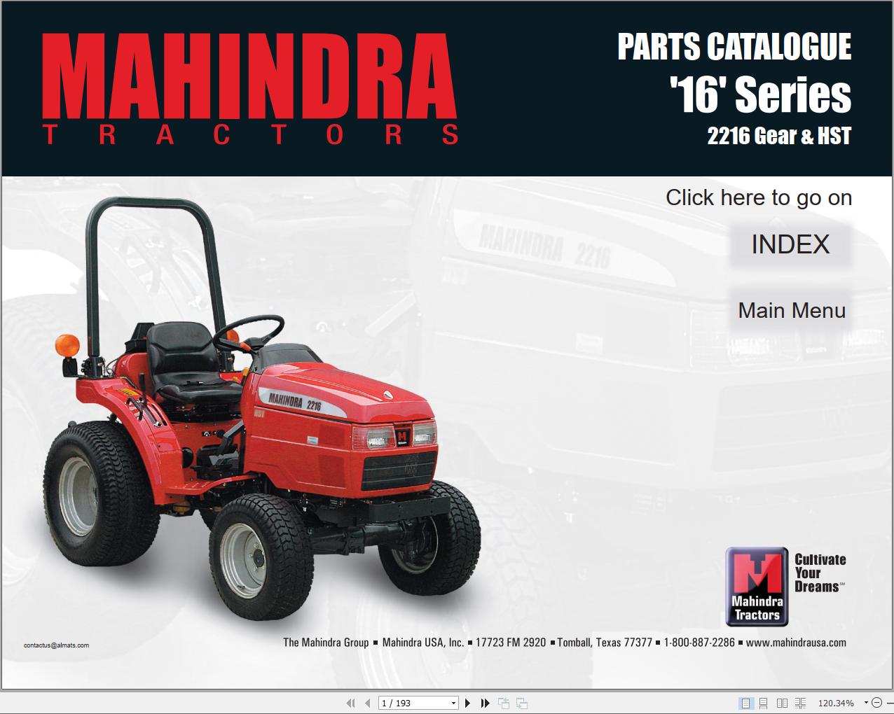 Mahindra Tractor 16 Series 2216 Gear HST Full Parts Manual Fast Download