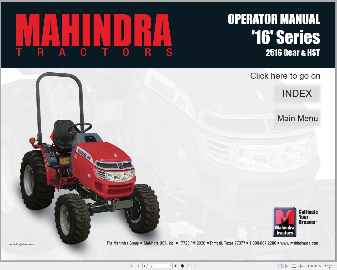 Mahindra Tractor 16 Series 2516 Gear HST Full Operator Manual Fast Download