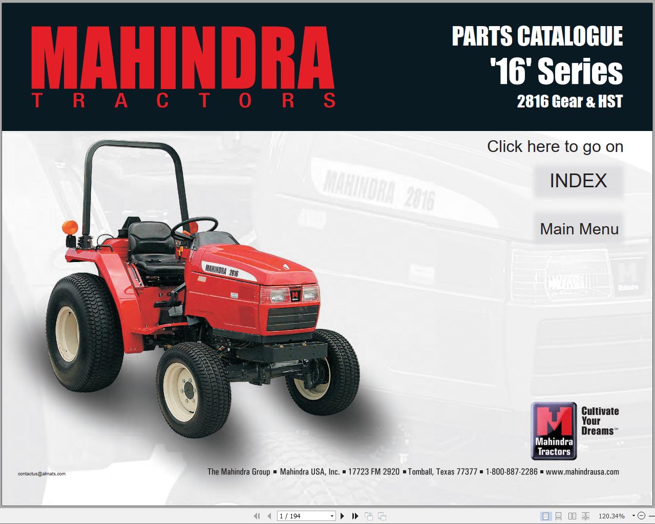 Mahindra Tractor 16 Series 2816 Gear HST Full Parts Manual Fast Download