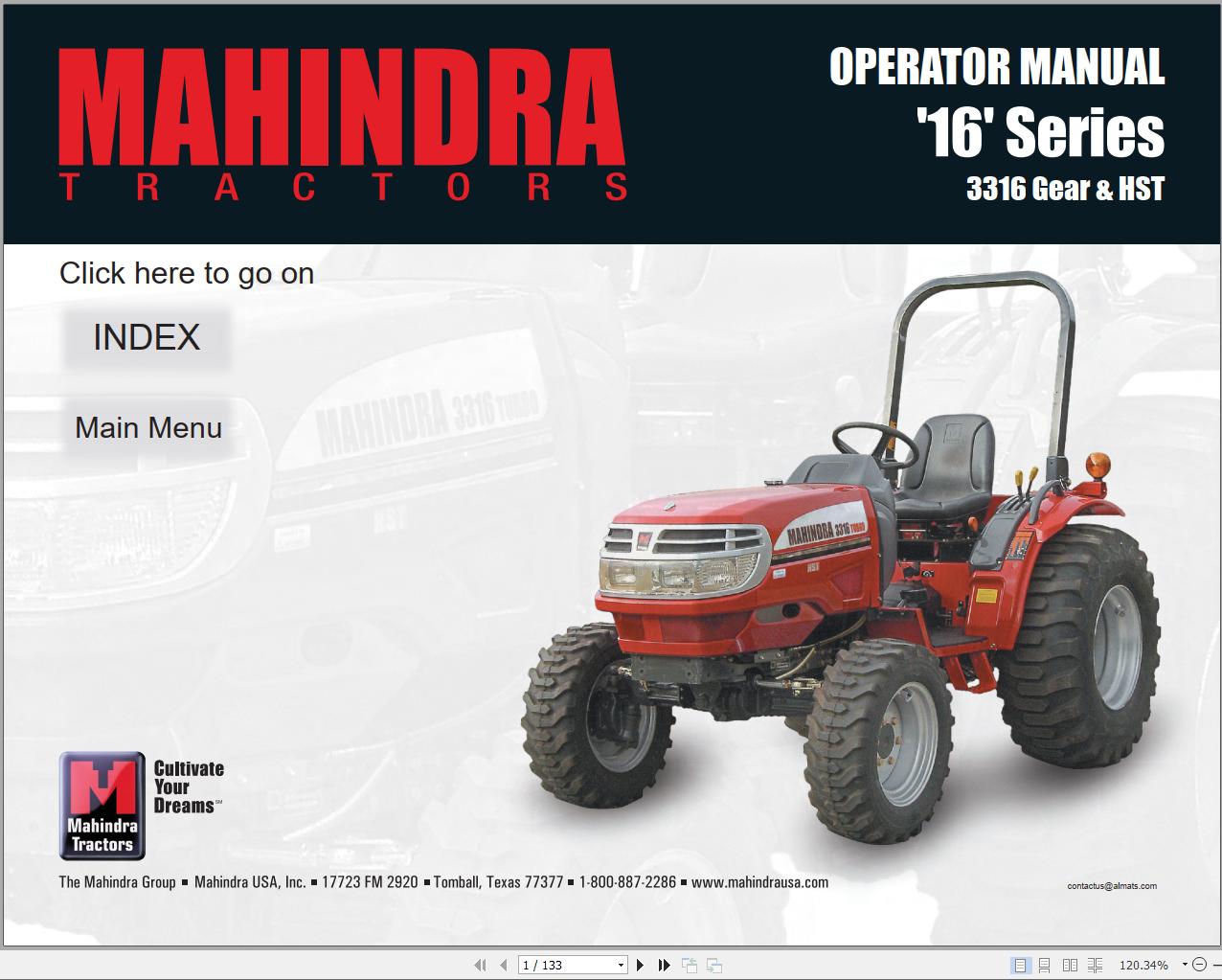 Mahindra Tractor 16 Series 3316 Gear HST Full Operator Manual Fast Download