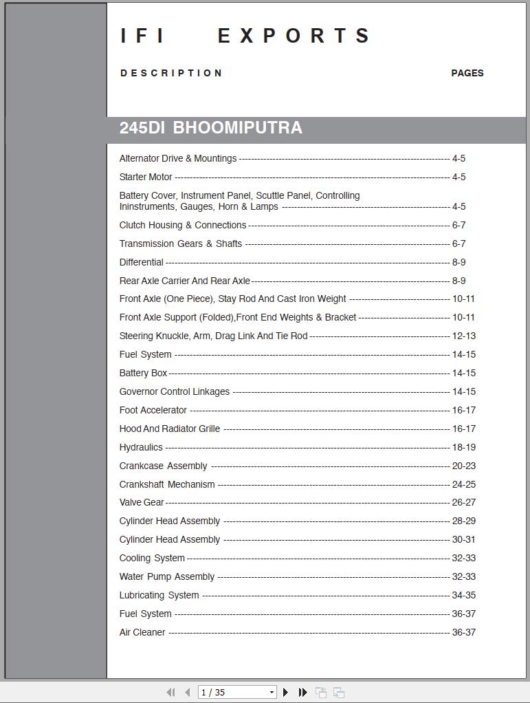 Mahindra Tractor 245DI BHOOMIPUTRA Full Parts Manual Fast Download