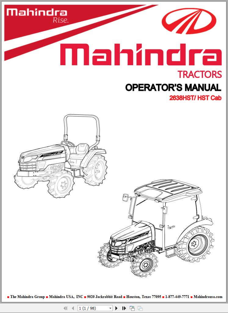 Mahindra Tractor 2638 HST Cab Full Operator Manual Fast Download