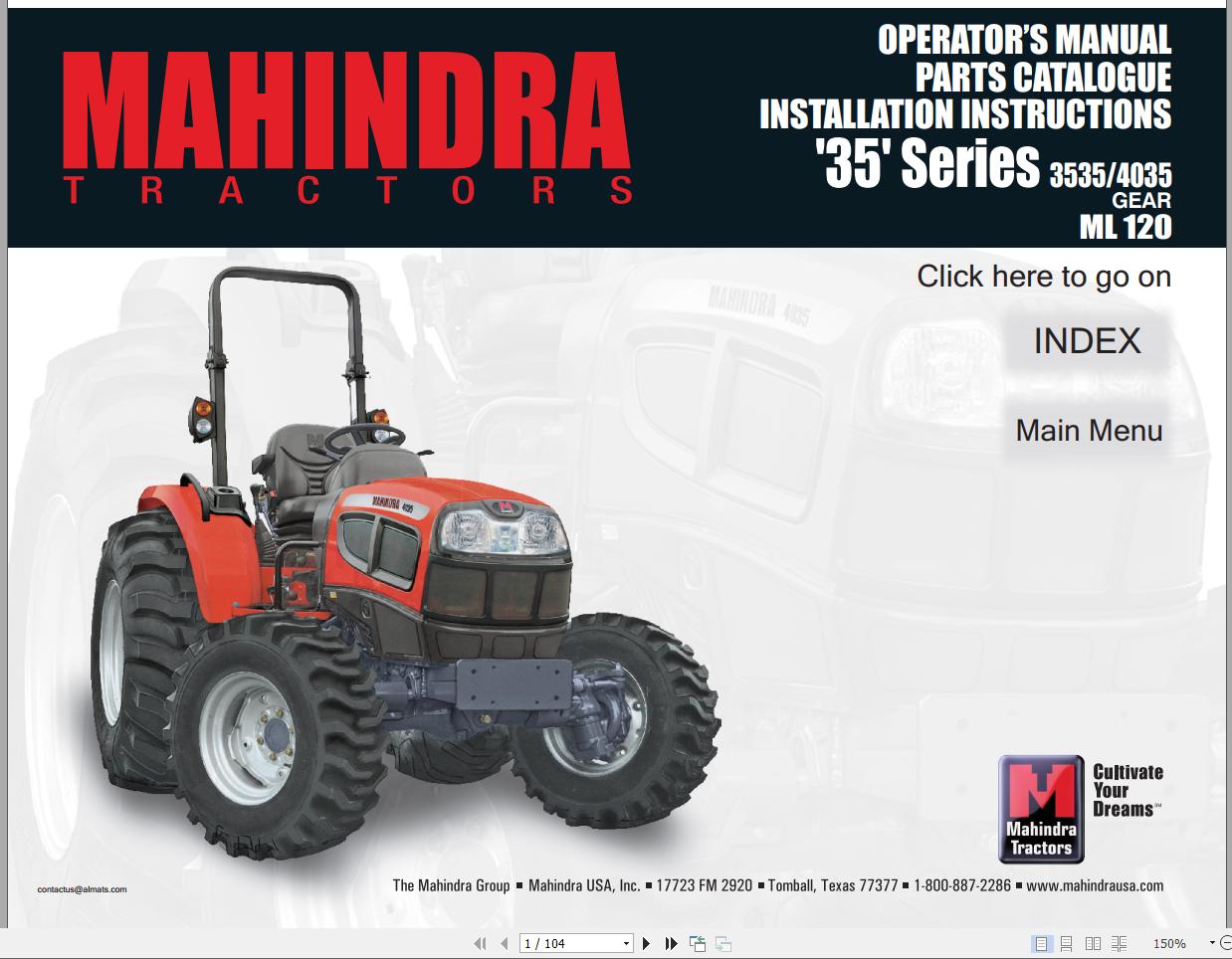 Mahindra Tractor 35 Series 3535 4035 Gear ML120 Full Operator Manual, Parts Catalog Fast Download