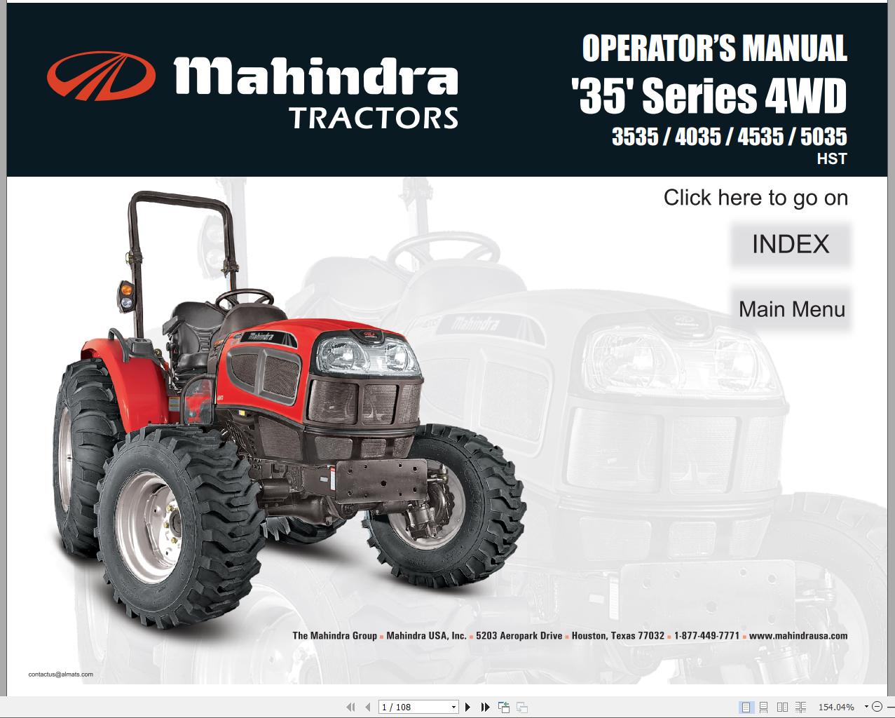 Mahindra Tractor 35 Series 4WD 3535 4035 4535 5035 HST Full Operator Manual Fast Download