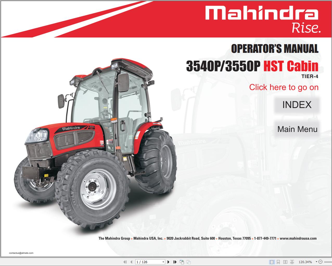 Mahindra Tractor 3540 3550 HST CABIN Full Operator Manual Fast Download