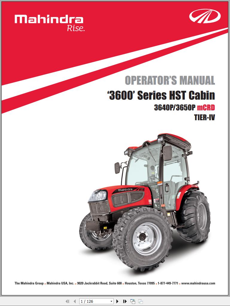 Mahindra Tractor 3600 Series HST Cabin 3640P 3650P mCRD Full Operator Manual Fast Download