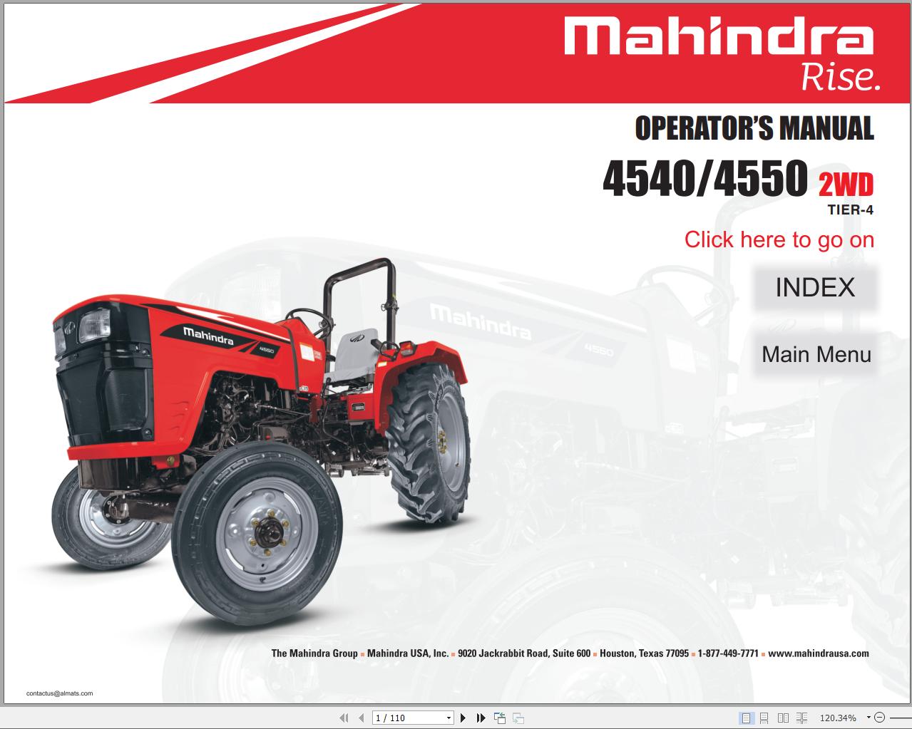 Mahindra Tractor 4540 4550 2WD Full Operator Manual Fast Download