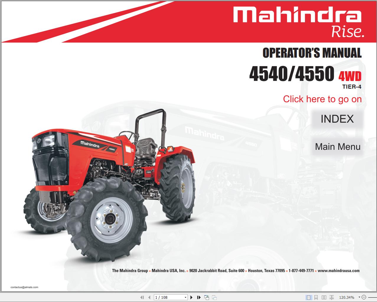 Mahindra Tractor 4540 4550 4WD Full Operator Manual Fast Download