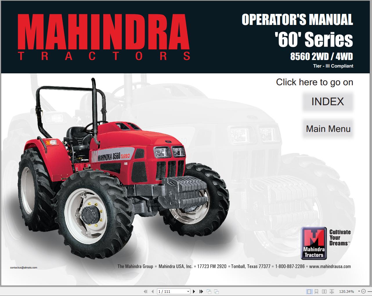 Mahindra Tractor 60 Series 8560 2WD 8560 4WD Full Operator Manual Fast Download