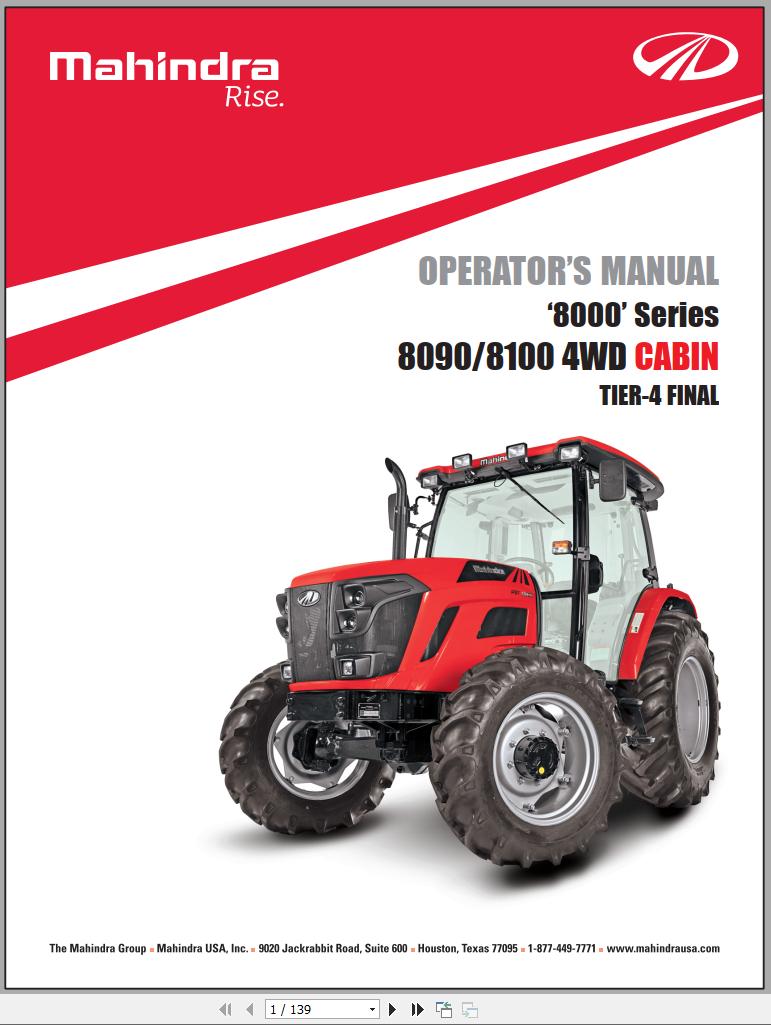 Mahindra Tractor 8000 Series 8090 8100 4WD Cabin Full Operator Manual Fast Download