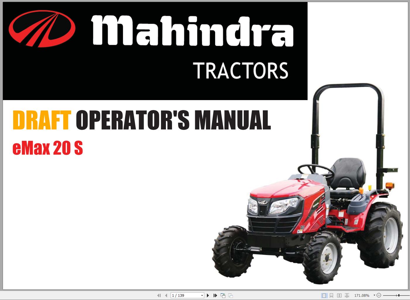 Mahindra Tractor DRAFT eMax 20S Full Operator Manual Fast Download