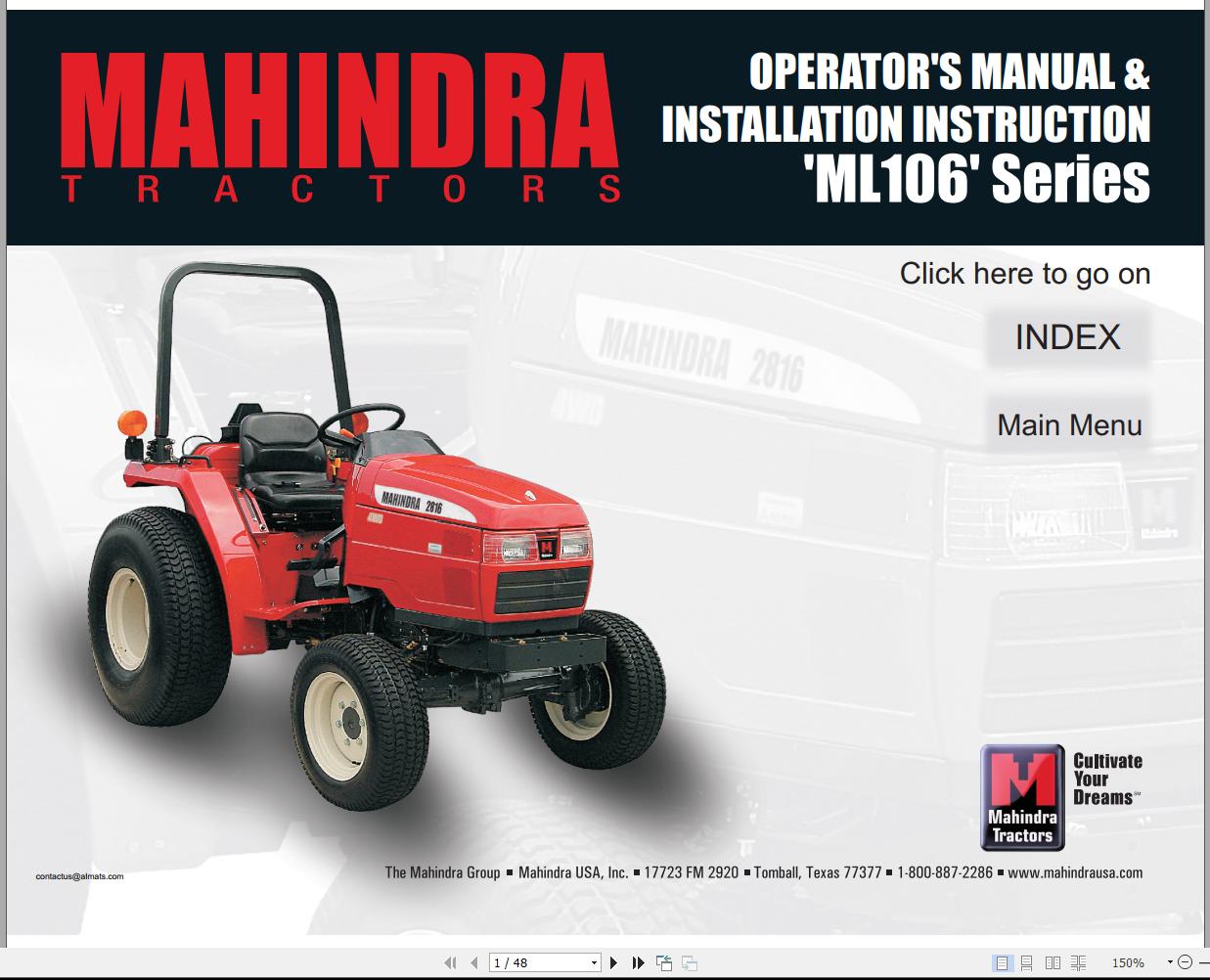 Mahindra Tractor ML106 Series Full Operator Manual and Installation Instruction Fast Download