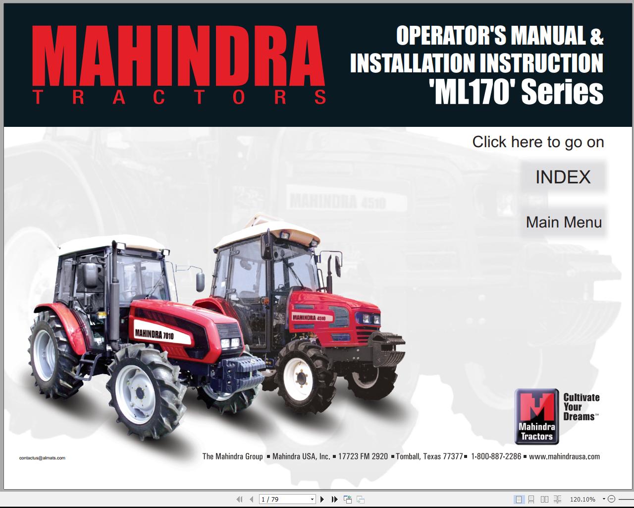 Mahindra Tractor ML170 Series Full Operator Manual and Installation Instruction Fast Download