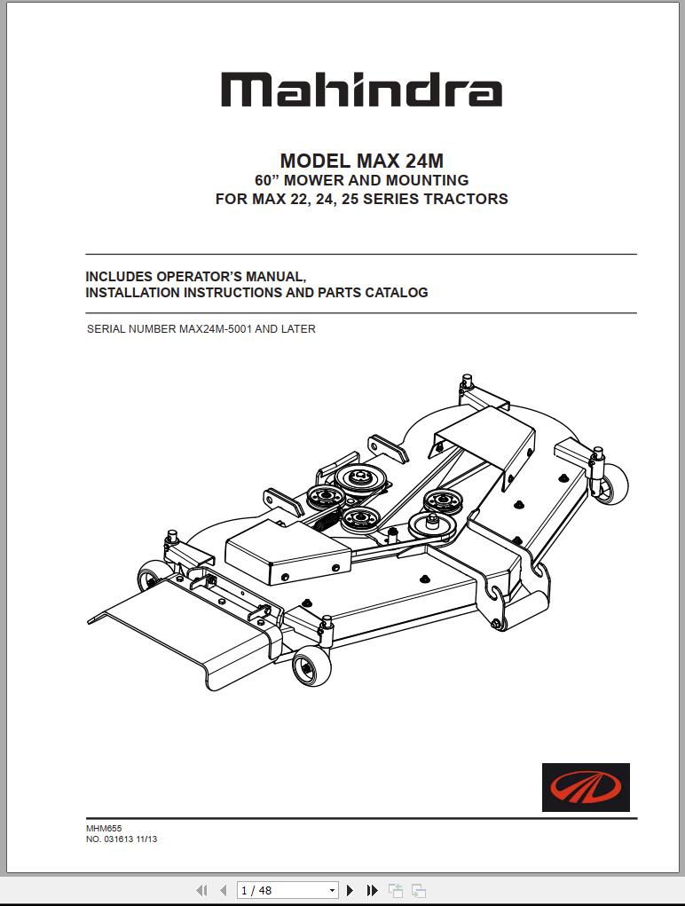 Mahindra Tractor Max 24M Full Operator Manual, Installation Instructions, Parts Catalog Fast Download