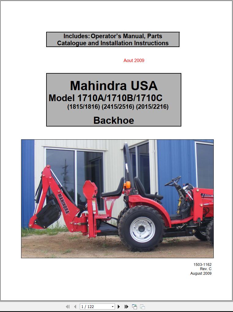 Mahindra Tractor USA Backhoe 1710A 1710B 1710C Operator Manual, Parts Manual and Installation Instruction