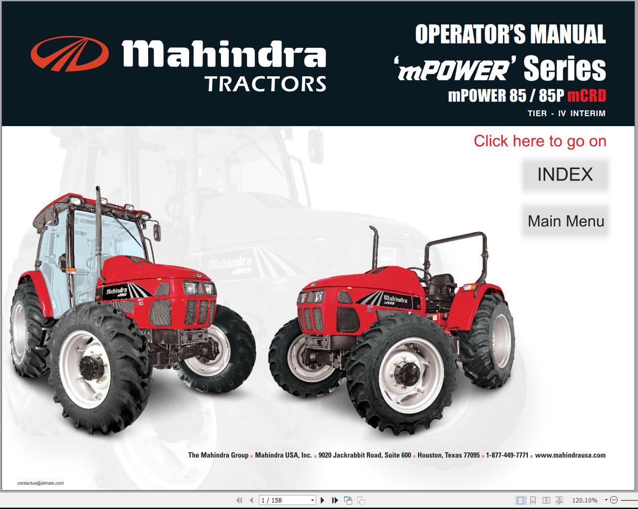 Mahindra Tractor mPOWER Series 85 85P mCRD Full Operator Manual Fast Download