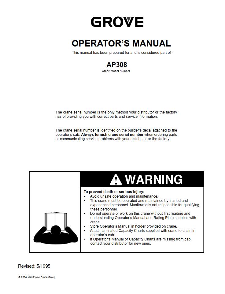 Grove AP308 Crane Operator, Parts, Service Manual