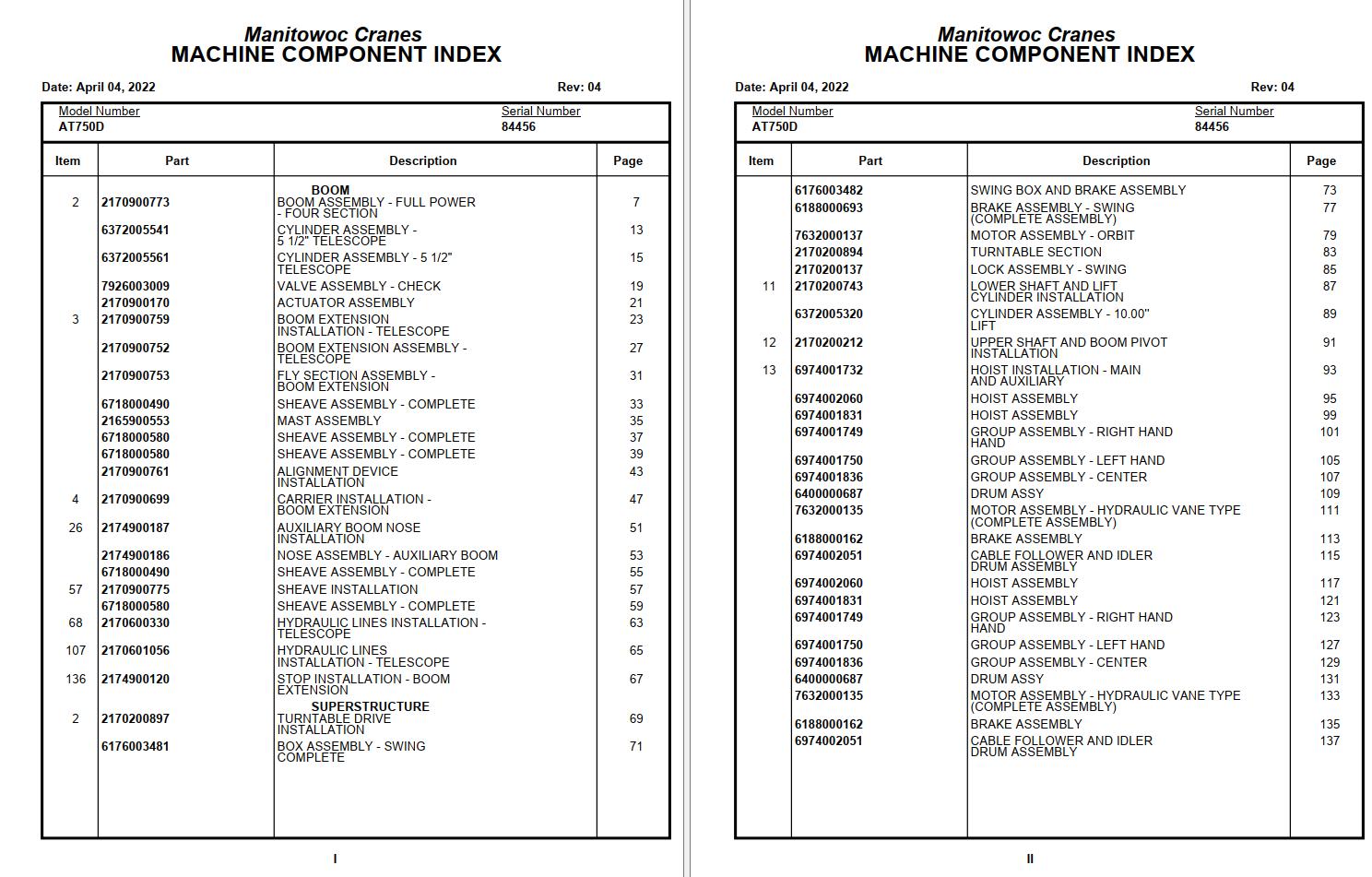 Grove AT750D Crane Parts Manual