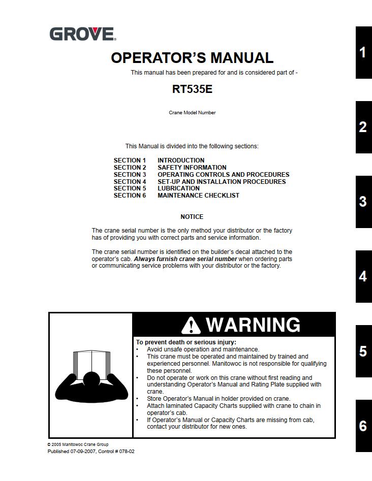 Grove RT535E Crane Operator, Parts, Service Manual