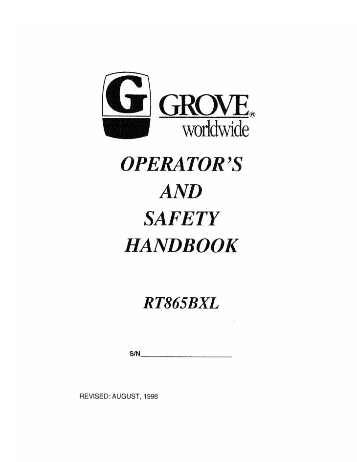 Grove RT865BXL Crane Operator, Parts, Service Manual