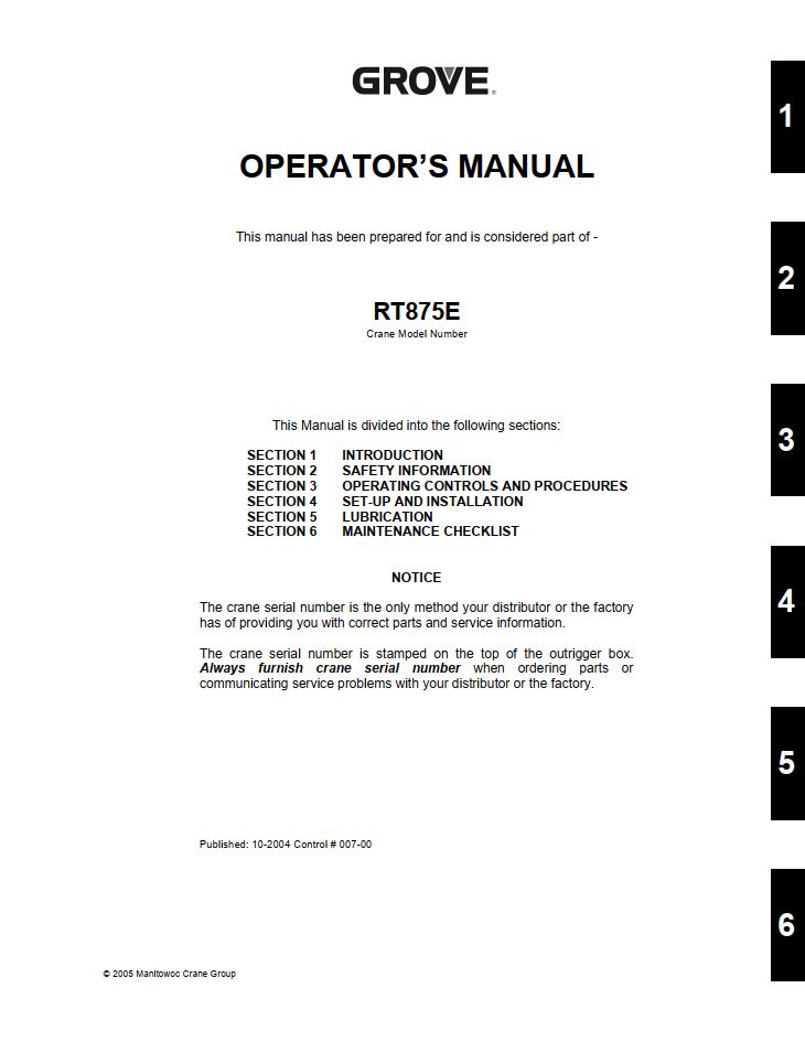 Grove RT875 Crane Operator, Parts Manual
