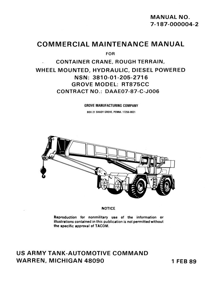 Grove RT875C Crane Operator, Parts, Service Manual