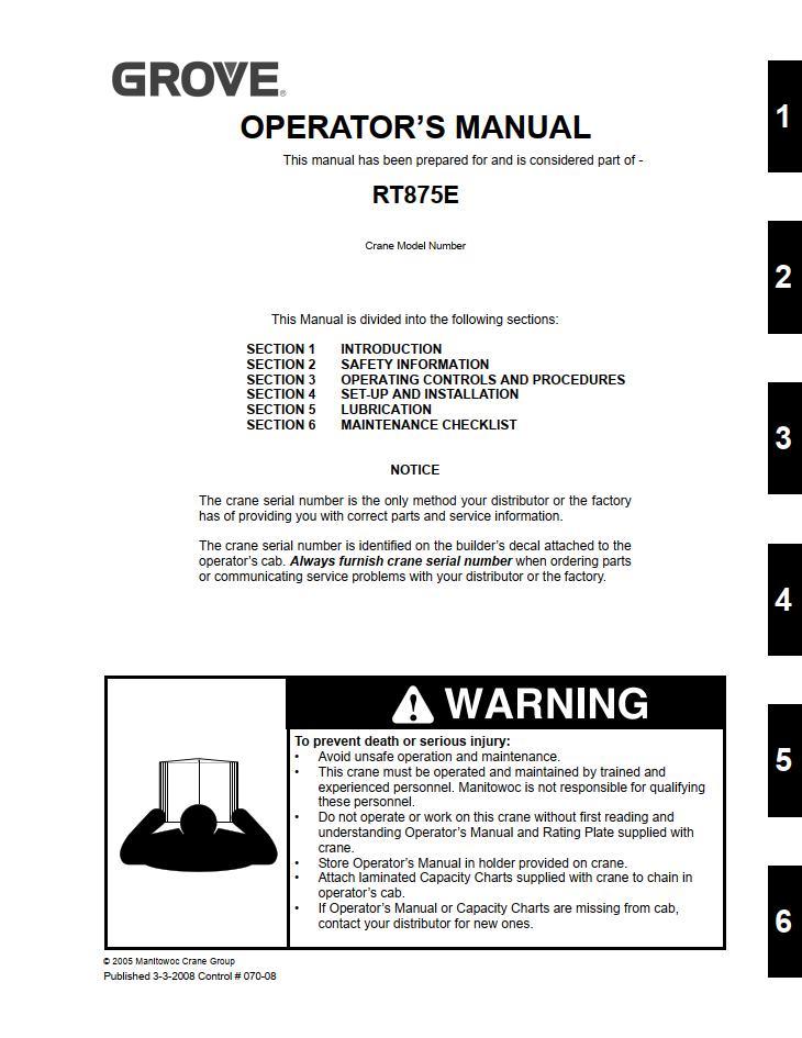 Grove RT875E Crane Operator, Parts, Service Manual