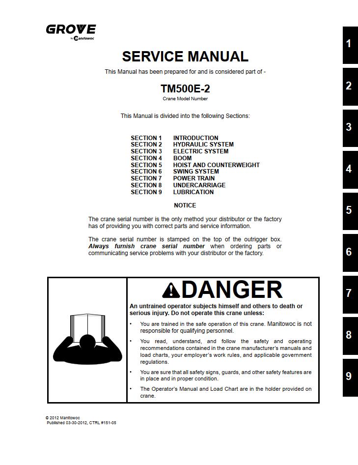 Grove TM500E-2 Crane Operator, Parts, Service Manual