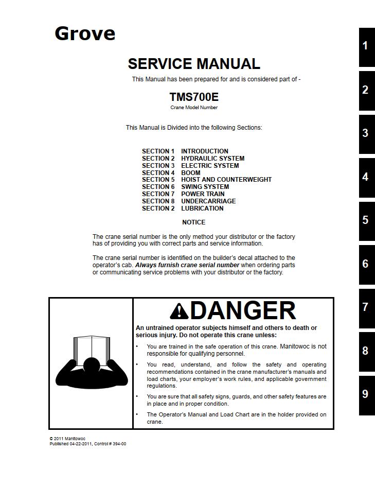 Grove TMS700 Crane Operator, Service Manual