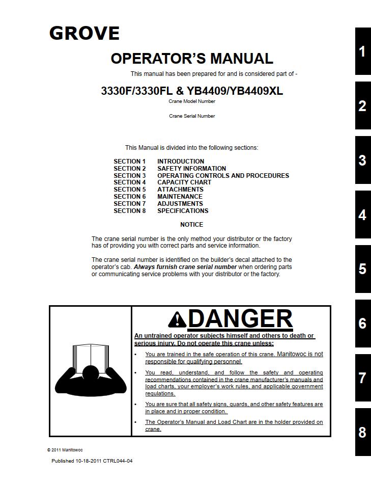 Grove YB4409 Crane Operator, Parts, Service Manual