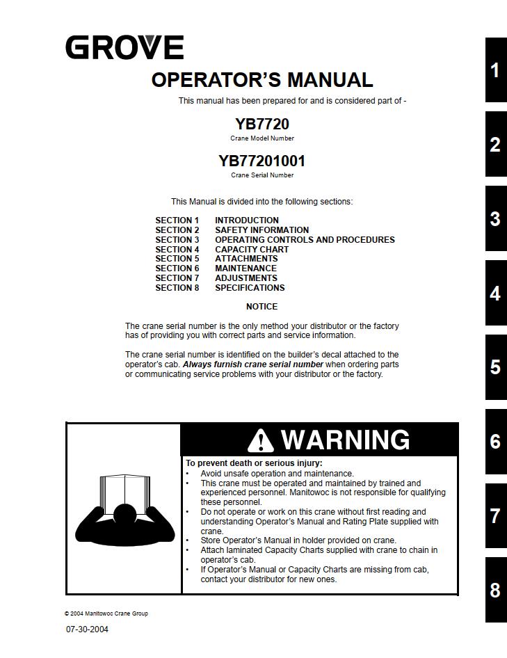 Grove YB7720 Crane Operator Manual
