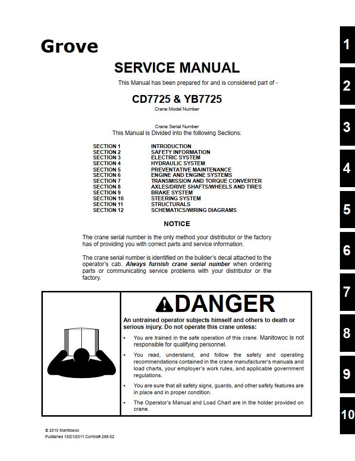 Grove YB7725 Crane Operator, Parts, Service Manual
