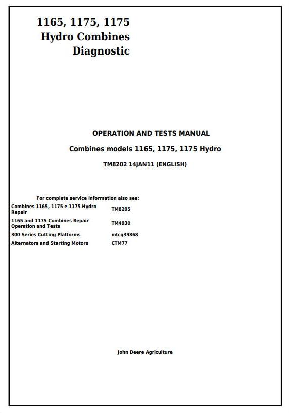 John Deere 1165 1175 1175 Hydro Combine Technical Manual TM8202