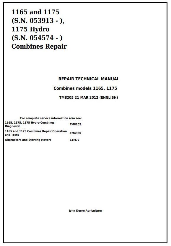 John Deere 1165 1175 1175 Hydro Combine Technical Manual TM8205
