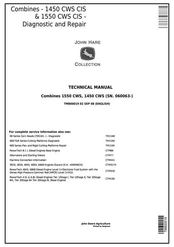 John Deere 1450 1550 CWS CIS Combine Technical Manual TM800019