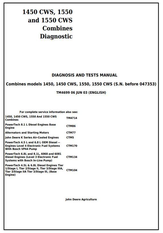 John Deere 1450 1550 CWS Combine Technical Manual TM4699