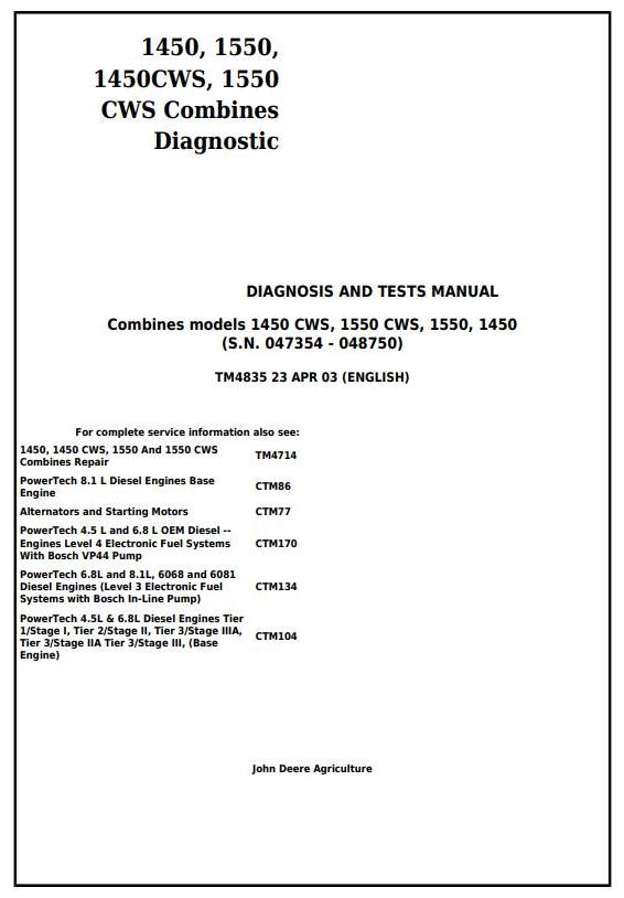 John Deere 1450 1550 CWS Combine Technical Manual TM4835