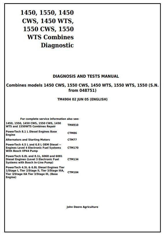 John Deere 1450 1550 CWS WTS Combine Technical Manual TM4904