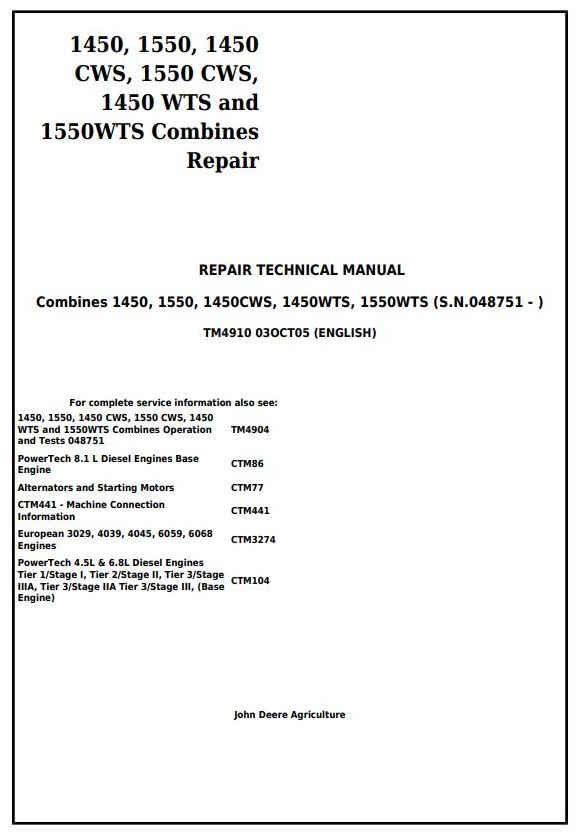 John Deere 1450 1550 CWS WTS Combine Technical Manual TM4910