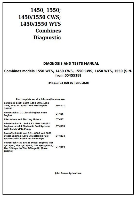 John Deere 1450 1550 CWS WTS Combine Technical Manual TM8113