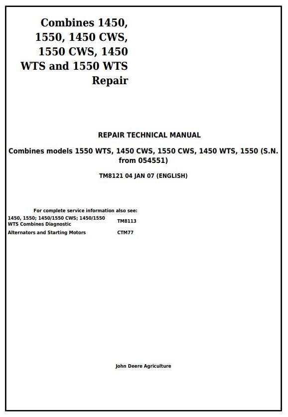 John Deere 1450 1550 CWS WTS Combine Technical Manual TM8121