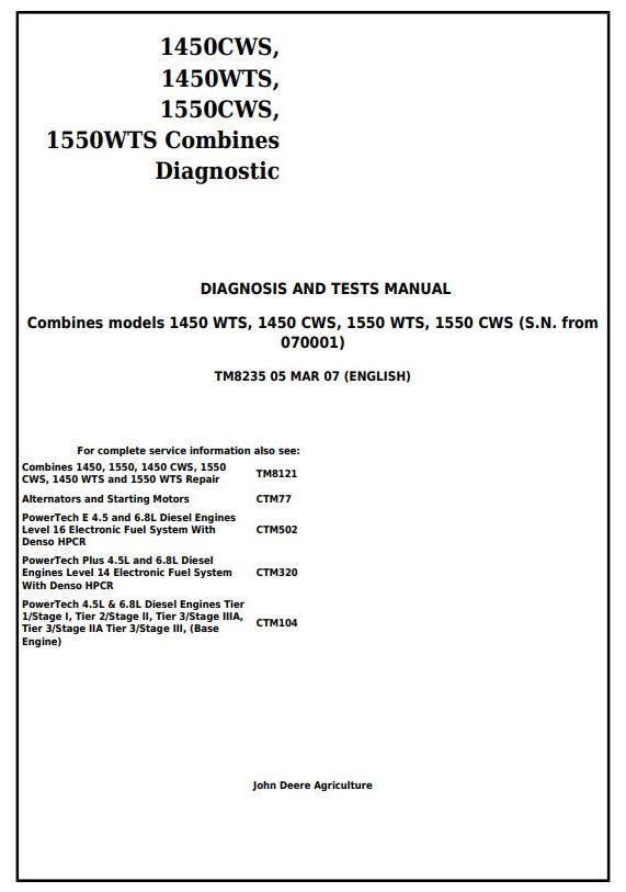 John Deere 1450 1550 CWS WTS Combine Technical Manual TM8235