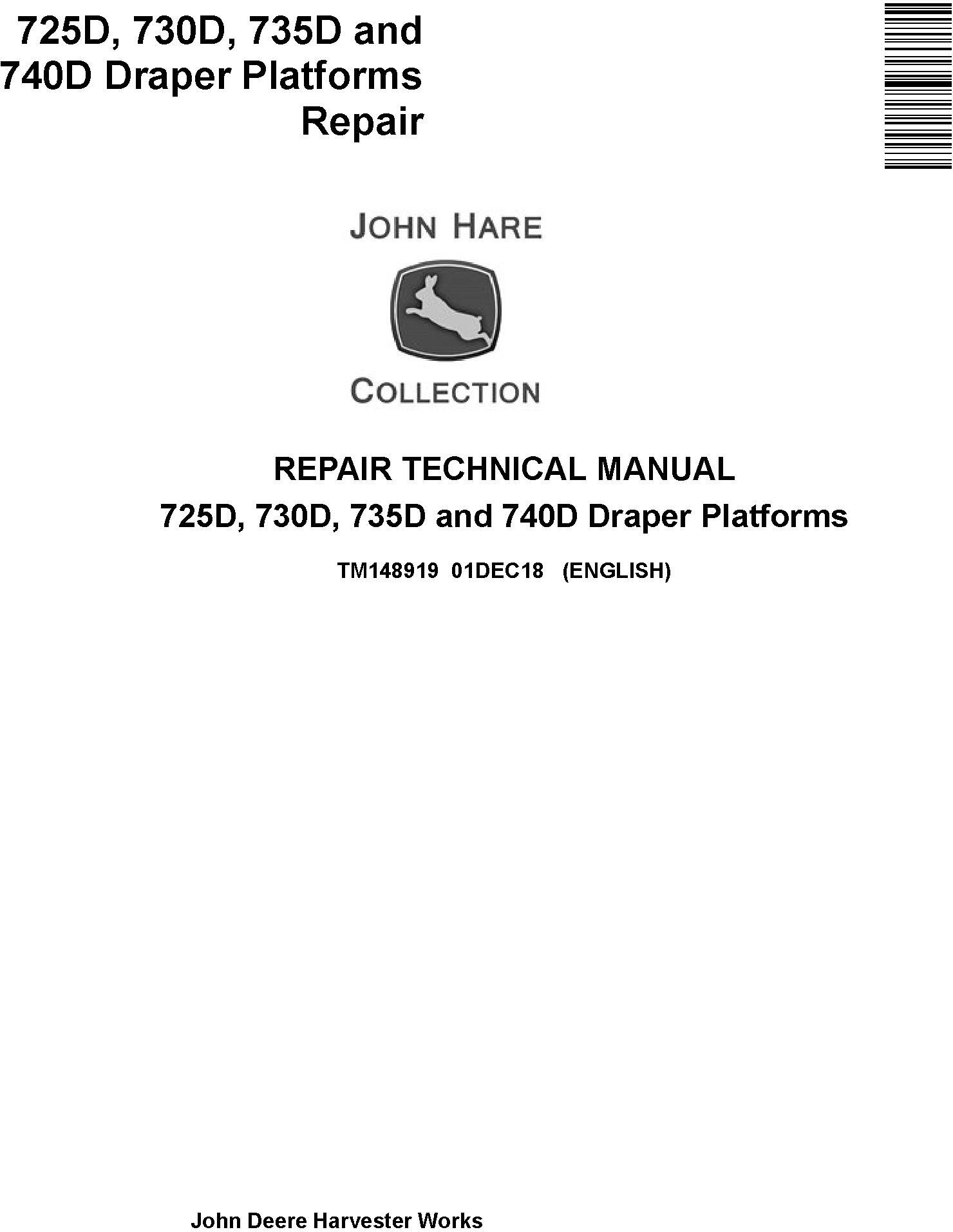 John Deere 725D to 740D Draper Platforms Technical Manual TM148919