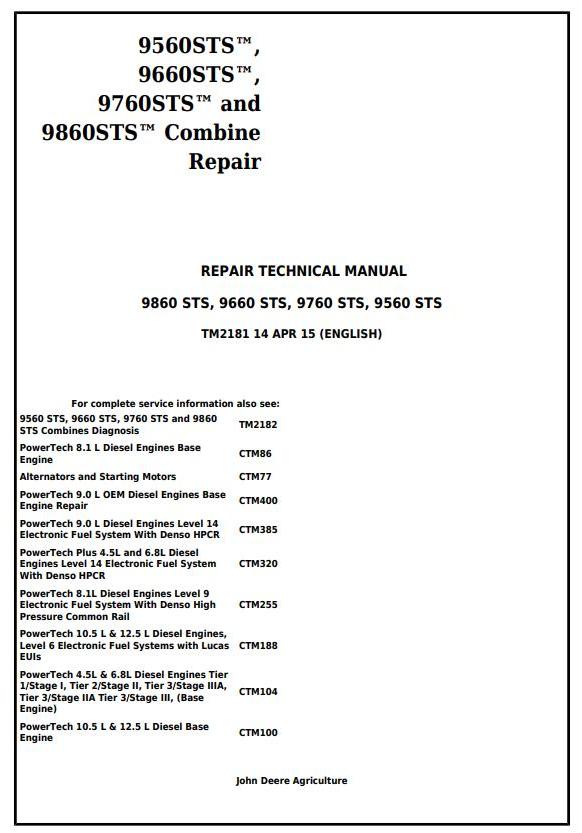 John Deere 9560 to 9860 STS Combine Technical Manual TM2181