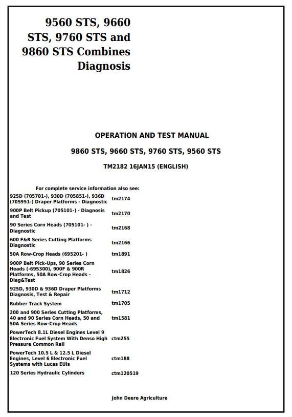 John Deere 9560 to 9860 STS Combine Technical Manual TM2182